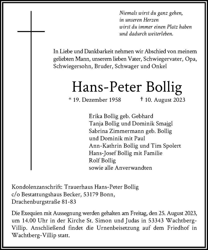  Traueranzeige für Hans-Peter Bollig vom 19.08.2023 aus General-Anzeiger Bonn