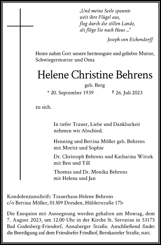 Anzeige von Helene Christine Behrens von General-Anzeiger Bonn