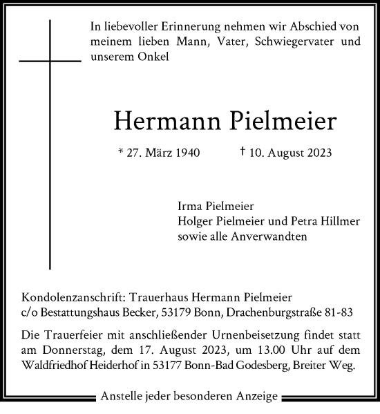 Anzeige von Hermann Pielmeier von General-Anzeiger Bonn