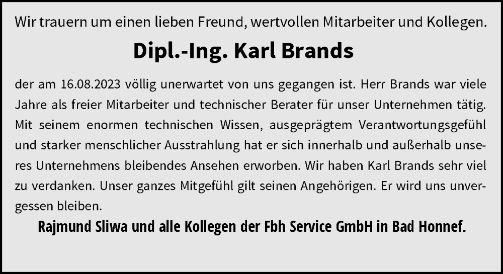  Traueranzeige für Karl Brands vom 02.09.2023 aus General-Anzeiger Bonn