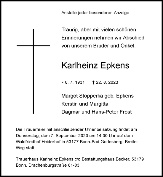 Anzeige von Karlheinz Epkens von General-Anzeiger Bonn