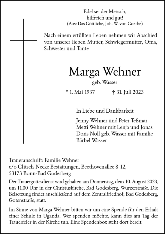 Anzeige von Marga Wehner von General-Anzeiger Bonn