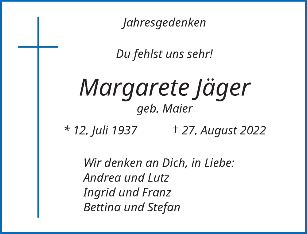  Traueranzeige für Margarete Jäger vom 26.08.2023 aus General-Anzeiger Bonn