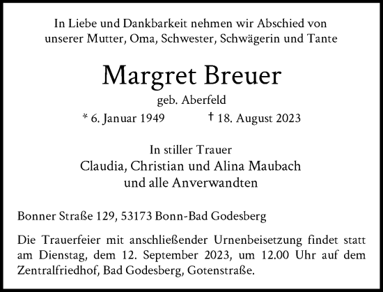Anzeige von Margret Breuer von General-Anzeiger Bonn