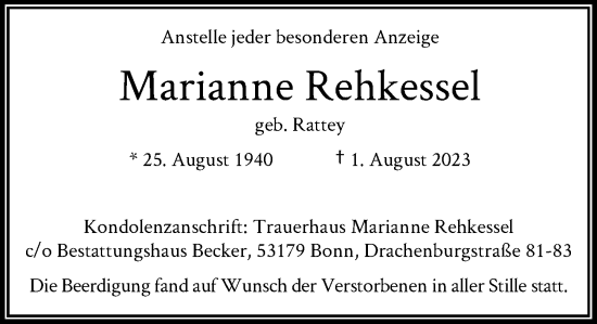 Anzeige von Marianne Rehkessel von General-Anzeiger Bonn