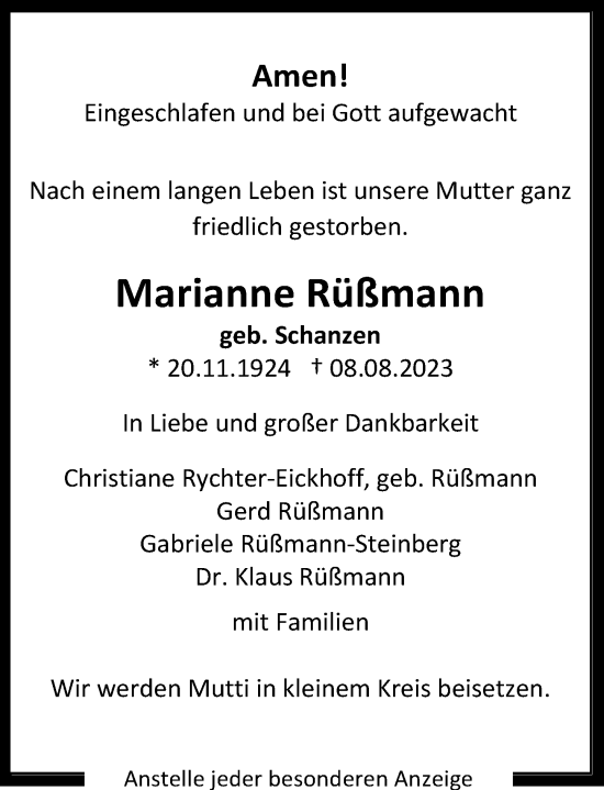 Anzeige von Marianne Rüßmann von General-Anzeiger Bonn