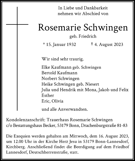 Anzeige von Rosemarie Schwingen von General-Anzeiger Bonn
