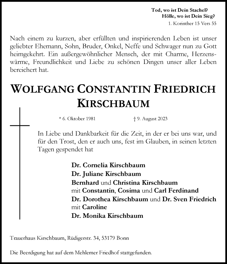  Traueranzeige für Wolfgang Constantin Friedrich Kirschbaum vom 19.08.2023 aus General-Anzeiger Bonn