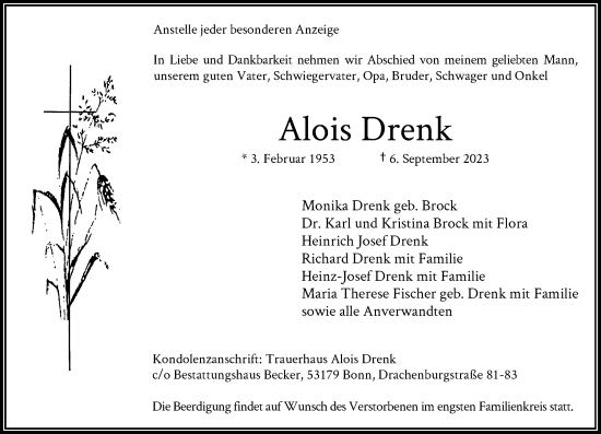 Anzeige von Alois Drenk von General-Anzeiger Bonn