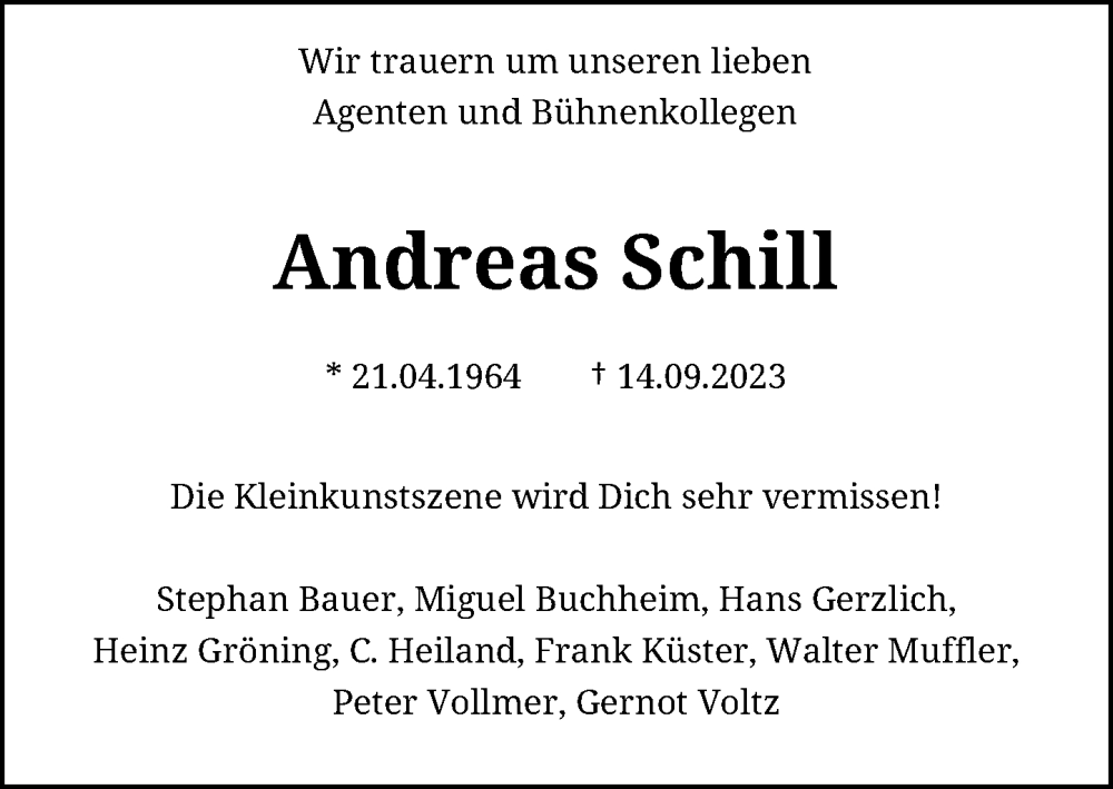  Traueranzeige für Andreas Schill vom 25.09.2023 aus General-Anzeiger Bonn