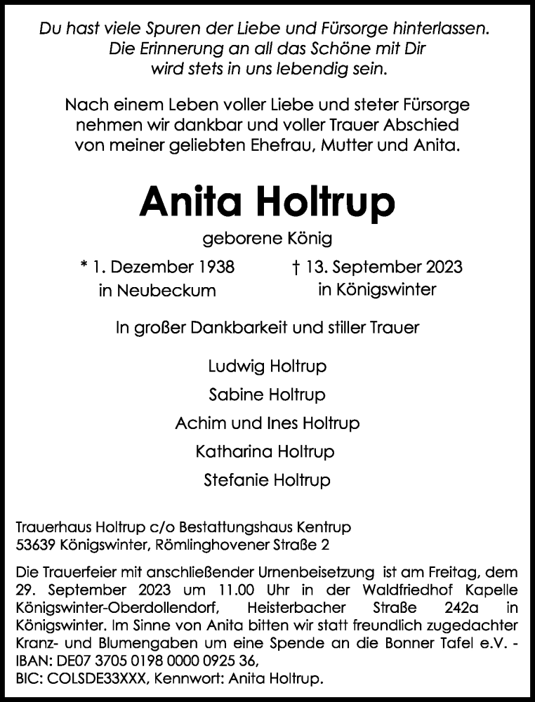  Traueranzeige für Anita Holtrup vom 23.09.2023 aus General-Anzeiger Bonn
