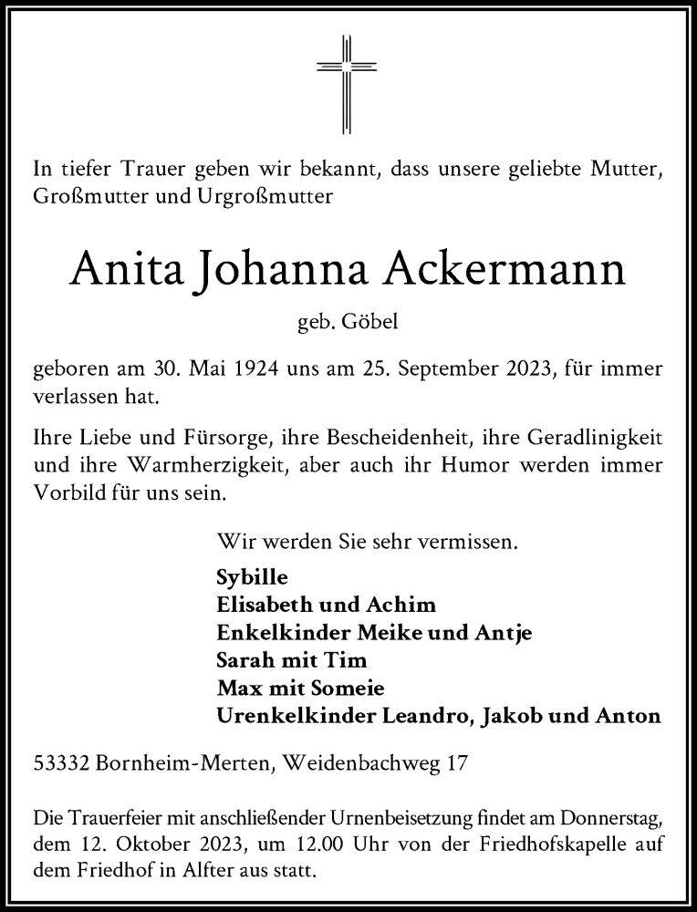  Traueranzeige für Anita Johanna Ackermann vom 30.09.2023 aus General-Anzeiger Bonn
