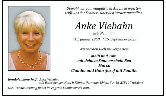 Anzeige von Anke Viebahn von General-Anzeiger Bonn