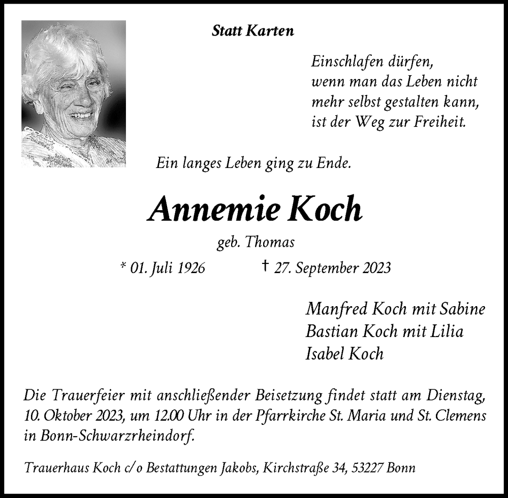  Traueranzeige für Annemie Koch vom 30.09.2023 aus General-Anzeiger Bonn