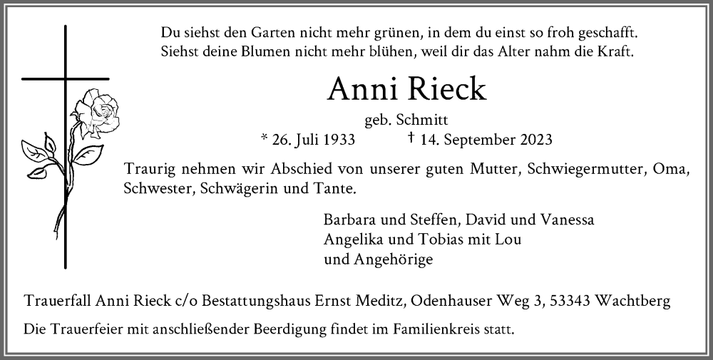  Traueranzeige für Anni Rieck vom 23.09.2023 aus General-Anzeiger Bonn