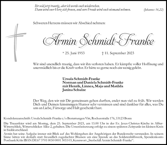 Anzeige von Armin Schmidt-Franke von General-Anzeiger Bonn