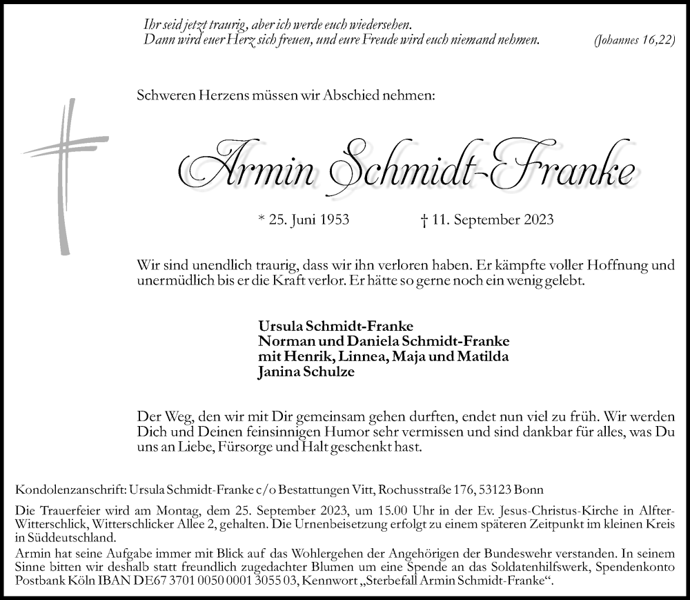  Traueranzeige für Armin Schmidt-Franke vom 16.09.2023 aus General-Anzeiger Bonn