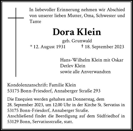Anzeige von Dora Klein von General-Anzeiger Bonn