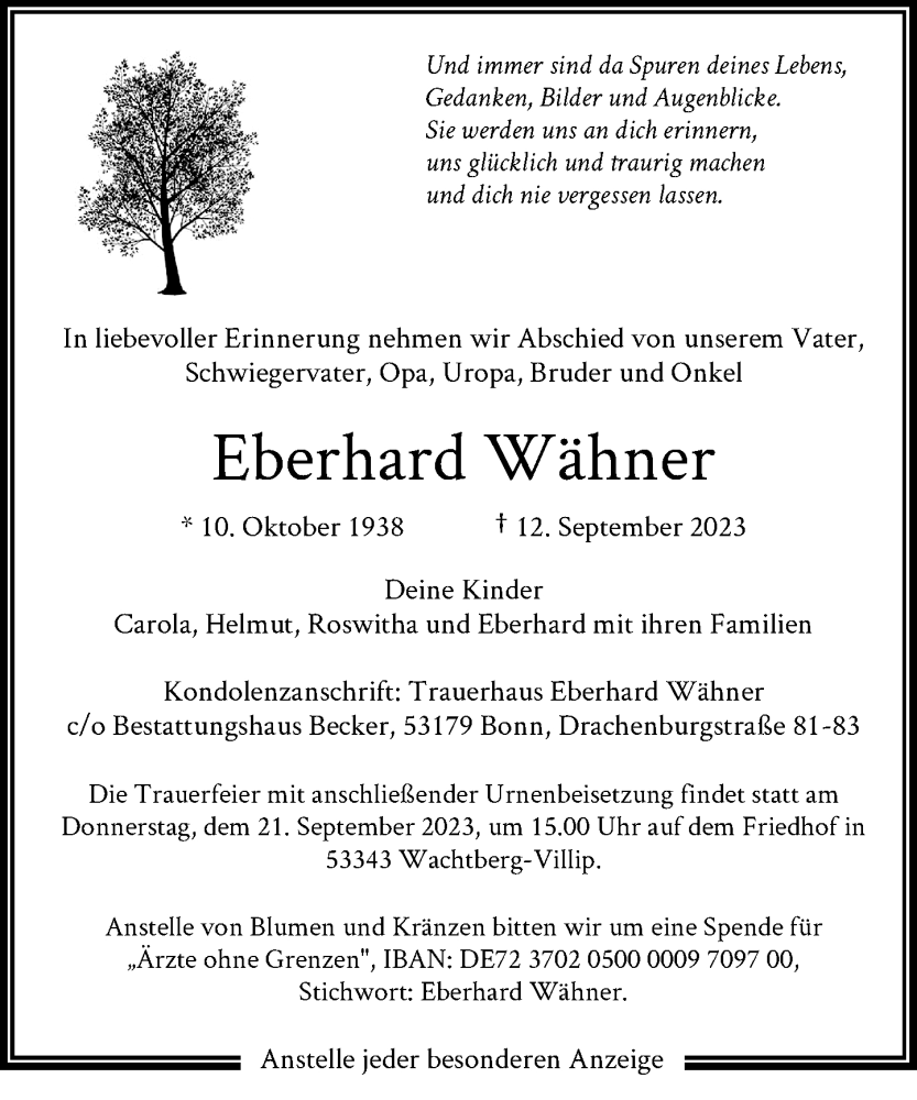  Traueranzeige für Eberhard Wähner vom 16.09.2023 aus General-Anzeiger Bonn
