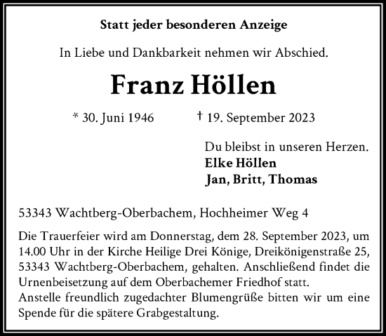 Anzeige von Franz Höllen von General-Anzeiger Bonn