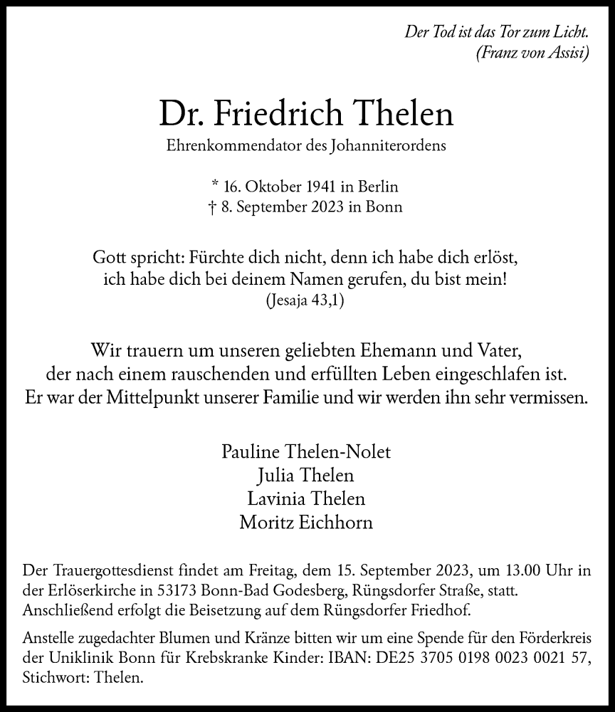 Traueranzeige für Friedrich Thelen vom 13.09.2023 aus General-Anzeiger Bonn