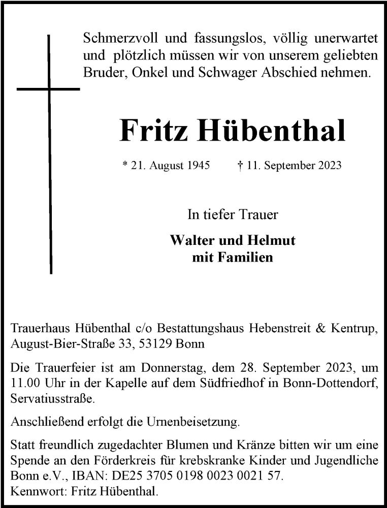  Traueranzeige für Fritz Hübenthal vom 26.09.2023 aus General-Anzeiger Bonn