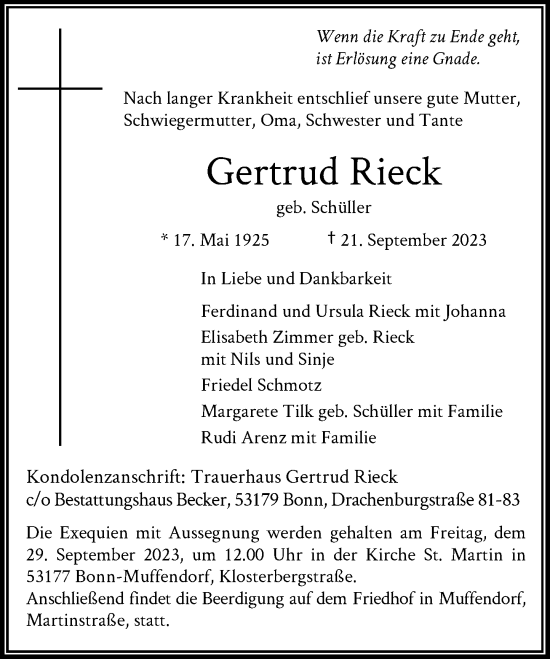 Anzeige von Gertrud Rieck von General-Anzeiger Bonn