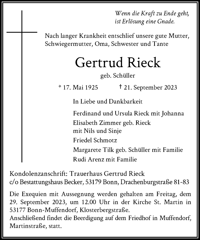  Traueranzeige für Gertrud Rieck vom 27.09.2023 aus General-Anzeiger Bonn