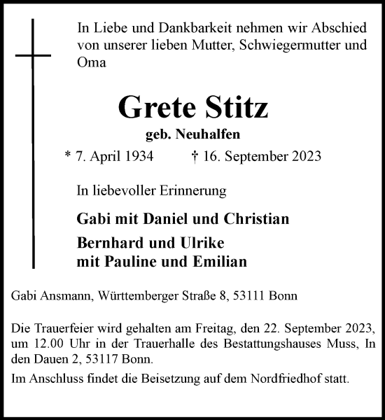 Anzeige von Grete Stitz von General-Anzeiger Bonn
