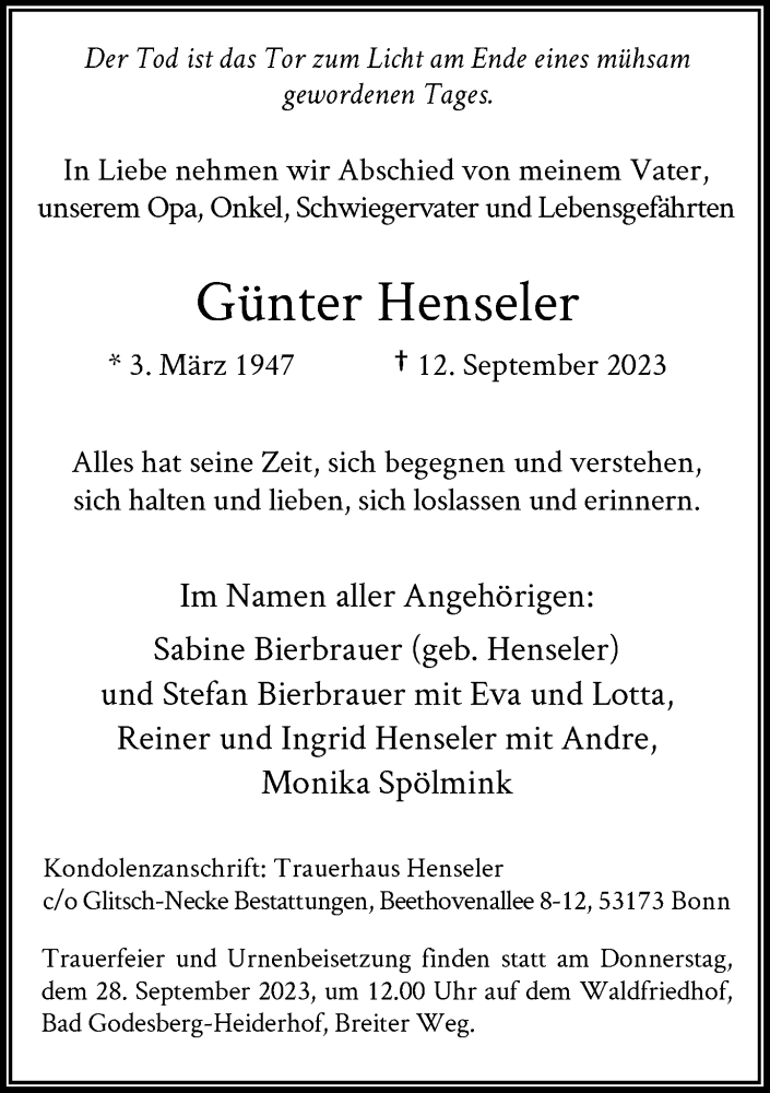  Traueranzeige für Günter Henseler vom 23.09.2023 aus General-Anzeiger Bonn