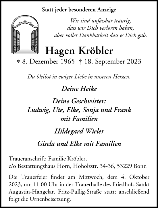 Anzeige von Hagen Kröbler von General-Anzeiger Bonn