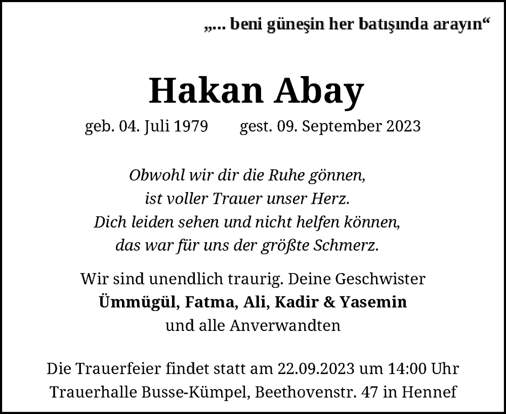  Traueranzeige für Hakan Abay vom 20.09.2023 aus General-Anzeiger Bonn