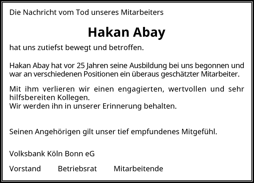  Traueranzeige für Hakan Abay vom 28.09.2023 aus General-Anzeiger Bonn