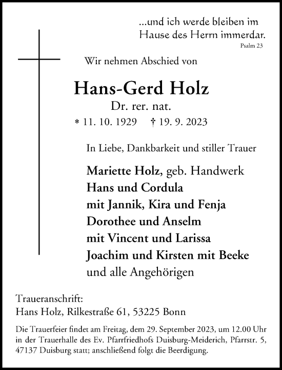 Anzeige von Hans-Gerd Holz von General-Anzeiger Bonn