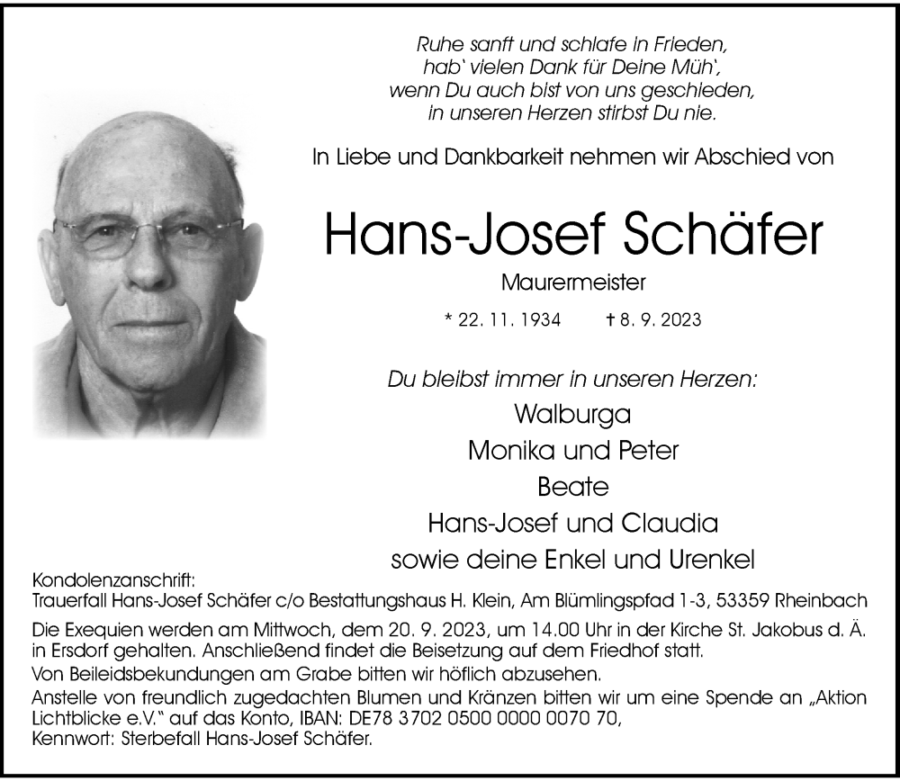  Traueranzeige für Hans-Josef Schäfer vom 16.09.2023 aus General-Anzeiger Bonn