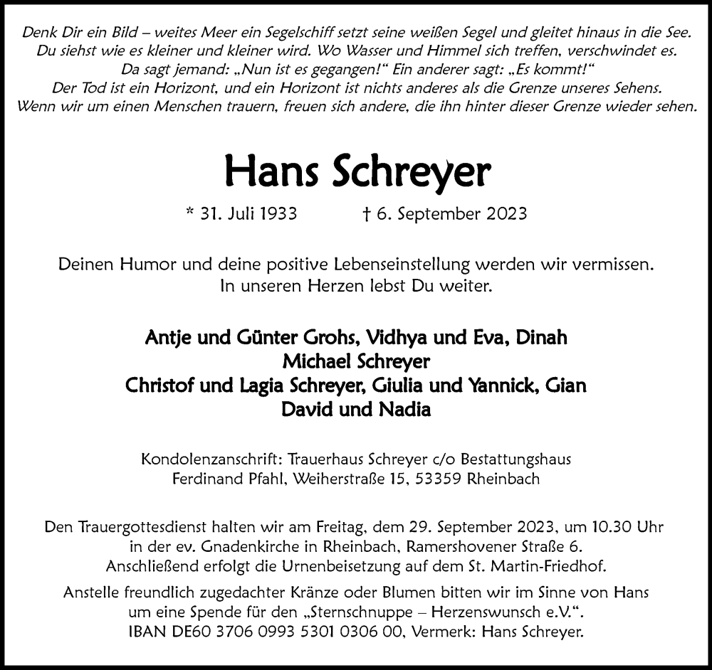  Traueranzeige für Hans Schreyer vom 16.09.2023 aus General-Anzeiger Bonn
