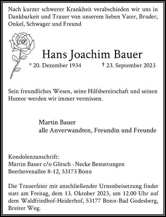 Anzeige von Hans Joachim Bauer von General-Anzeiger Bonn