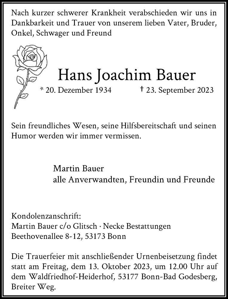  Traueranzeige für Hans Joachim Bauer vom 30.09.2023 aus General-Anzeiger Bonn