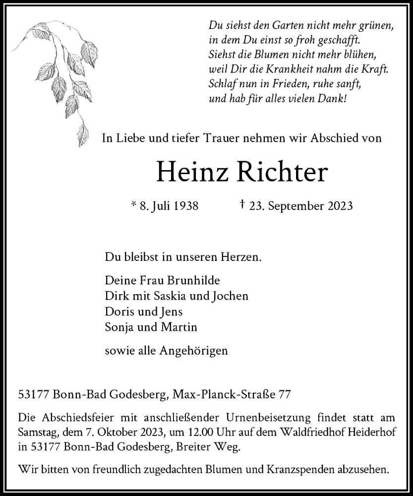  Traueranzeige für Heinz Richter vom 30.09.2023 aus General-Anzeiger Bonn