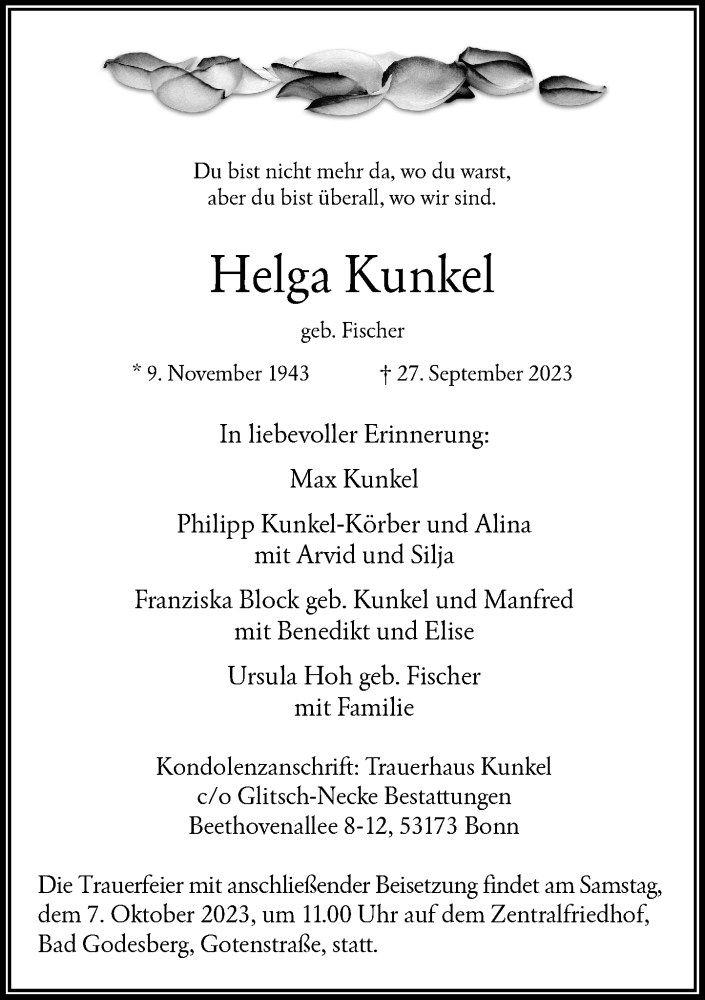  Traueranzeige für Helga Kunkel vom 30.09.2023 aus General-Anzeiger Bonn
