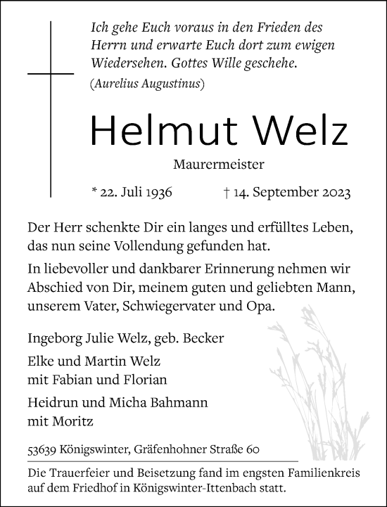 Anzeige von Helmut Welz von General-Anzeiger Bonn
