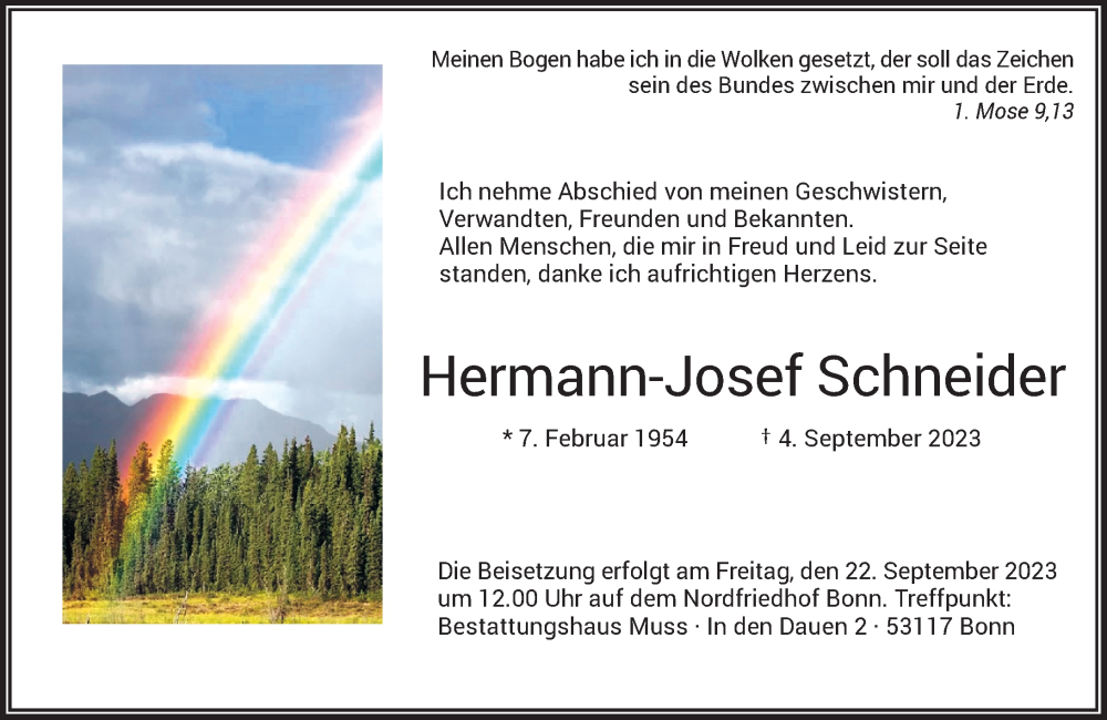  Traueranzeige für Hermann-Josef Schneider vom 16.09.2023 aus General-Anzeiger Bonn