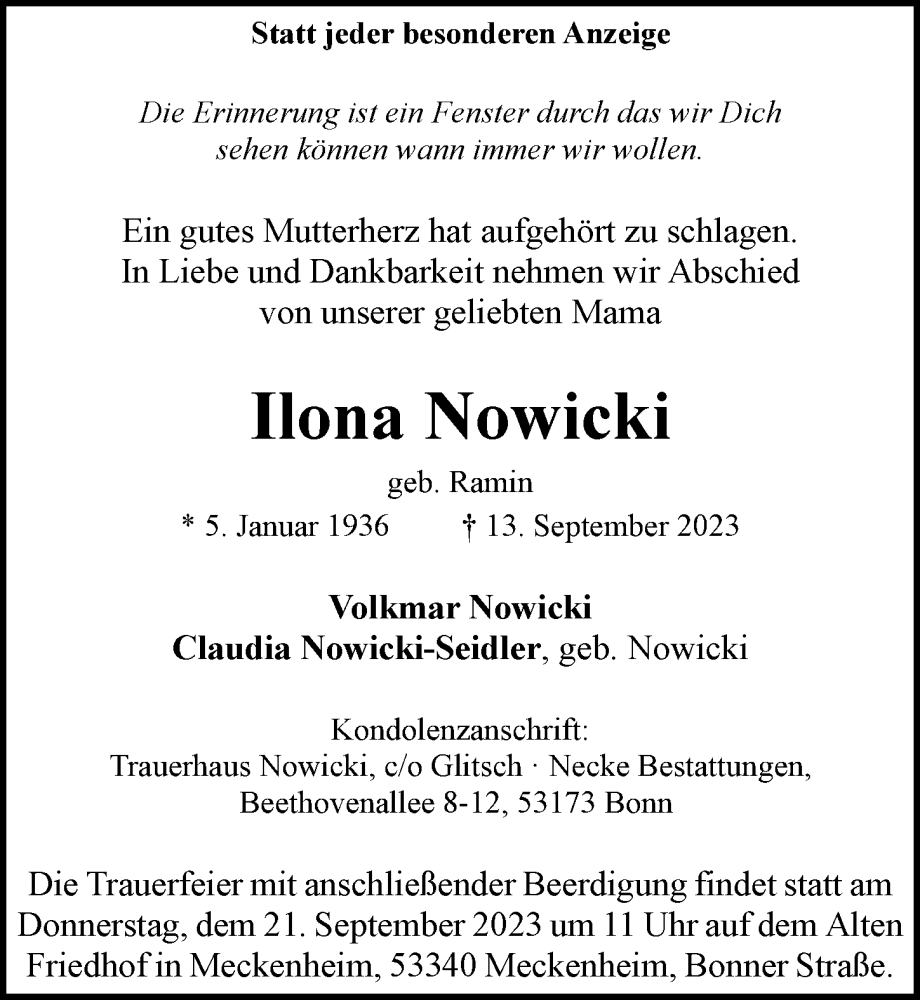  Traueranzeige für Ilona Nowicki vom 16.09.2023 aus General-Anzeiger Bonn