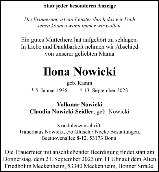 Anzeige von Ilona Nowicki von General-Anzeiger Bonn