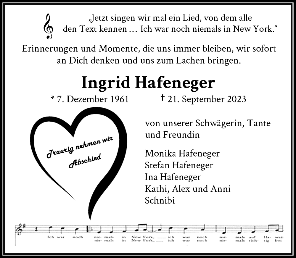  Traueranzeige für Ingrid Hafeneger vom 27.09.2023 aus General-Anzeiger Bonn