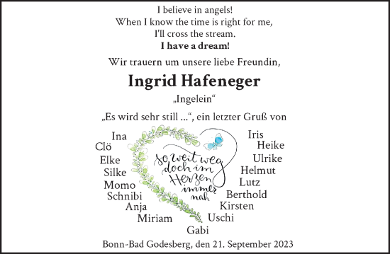 Anzeige von Ingrid Hafeneger von General-Anzeiger Bonn