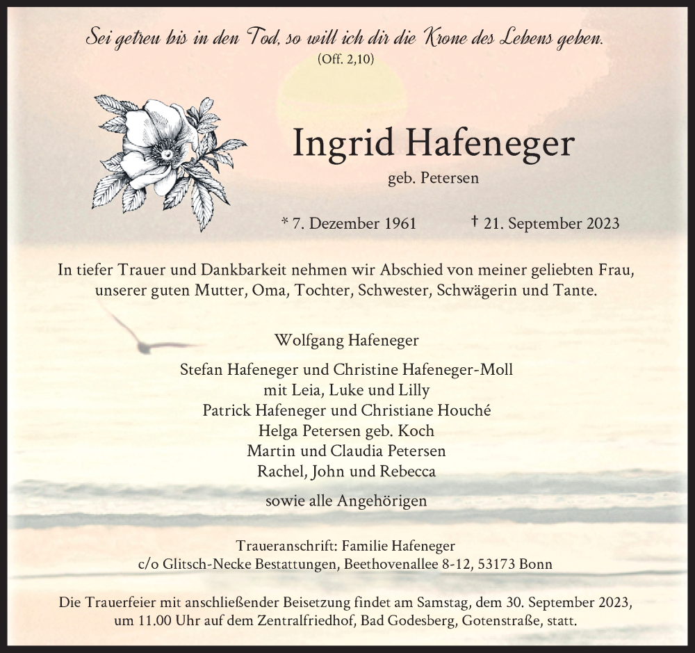  Traueranzeige für Ingrid Hafeneger vom 27.09.2023 aus General-Anzeiger Bonn