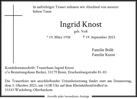 Anzeige von Ingrid Knost von General-Anzeiger Bonn