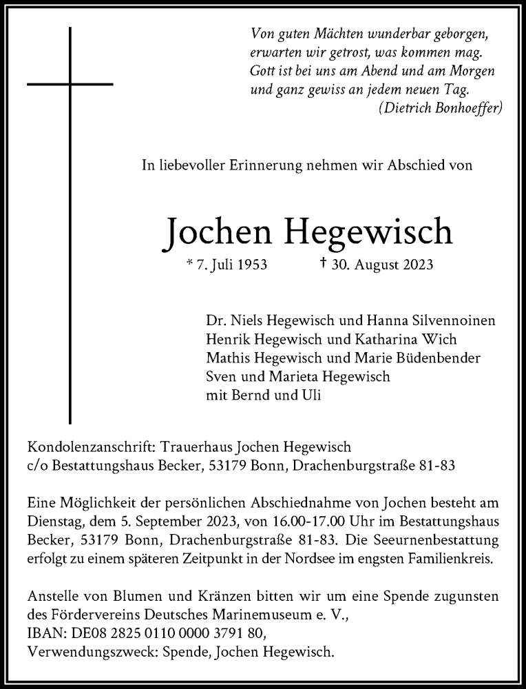  Traueranzeige für Jochen Hegewisch vom 02.09.2023 aus General-Anzeiger Bonn