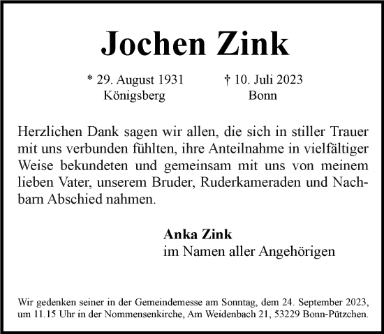 Anzeige von Jochen Zink von General-Anzeiger Bonn